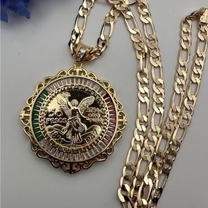 Centenario and Chain 14k Brazilian Gold Plated 26” Long Chain . Oro Bañado